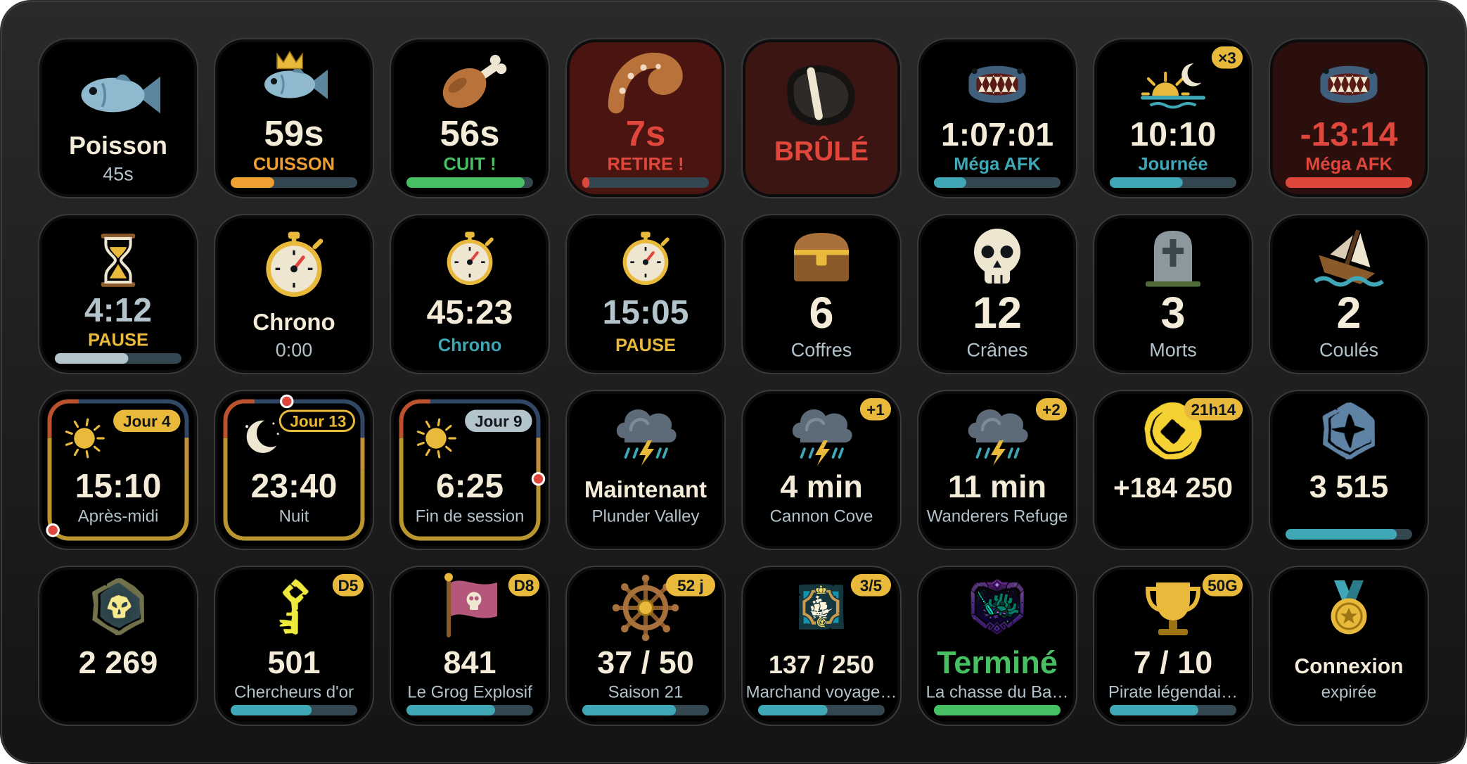 Un Stream Deck XL rempli avec les boutons du plugin : cuisson, minuteurs, chronomètres, compteurs, heure en jeu, tempête, bourse, factions, saison, commendations et succès